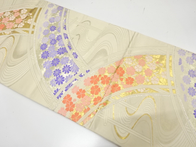 JAPANESE KIMONO / ANTIQUE FUKURO OBI / SILK / WOVEN KIKU & SAKURA